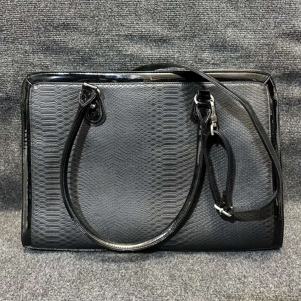 MY BEST FRIEND IS A BAG Black Patent Faux Snakeskin Laptop Computer Tote Satchel
